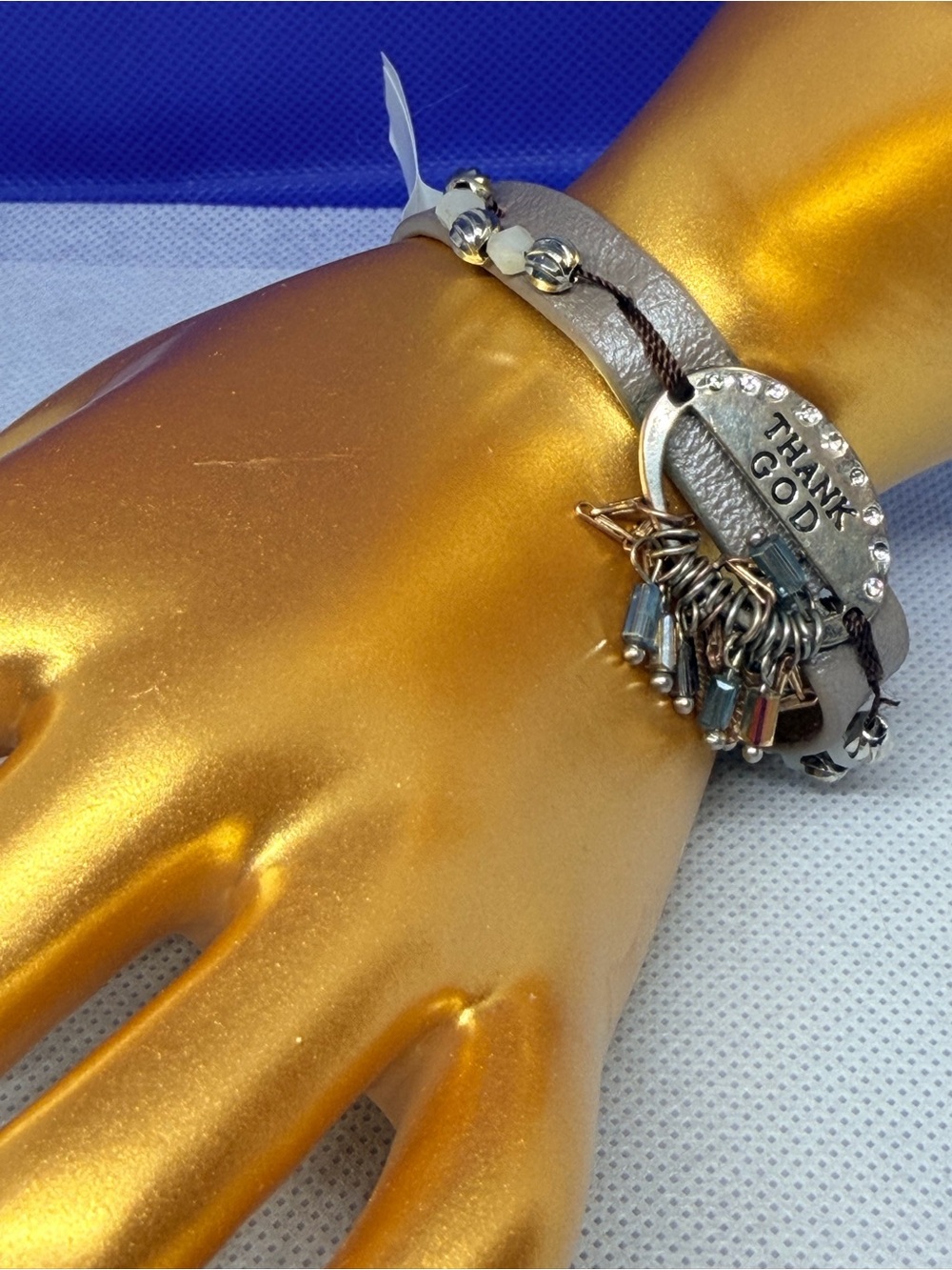 Silver-Tone 'Thank God' leather Charm Bracelet with Gray Band